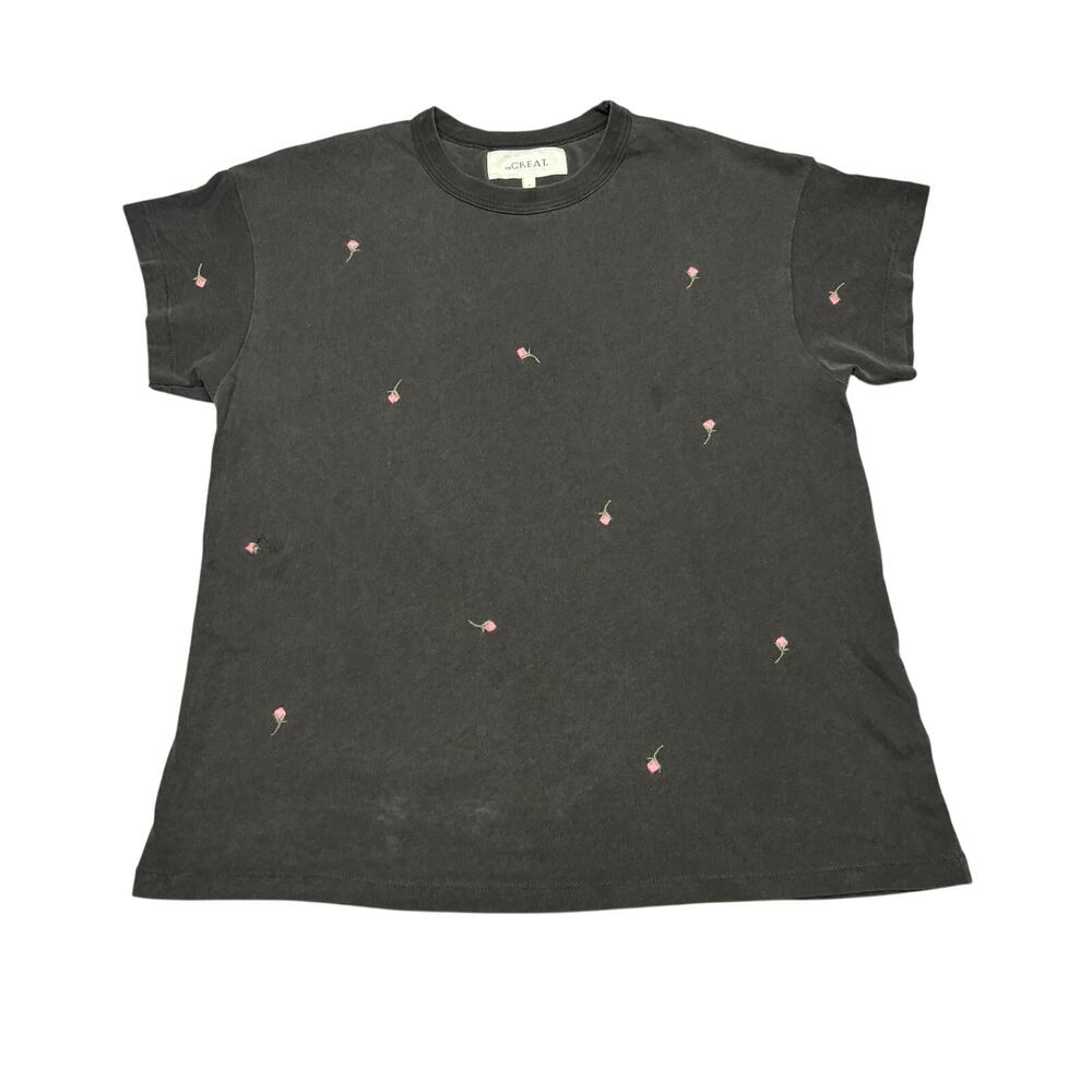 THE GREAT The Boxy Crew Embroidered Rose T-Shirt Womens 0/XS Boho Indie